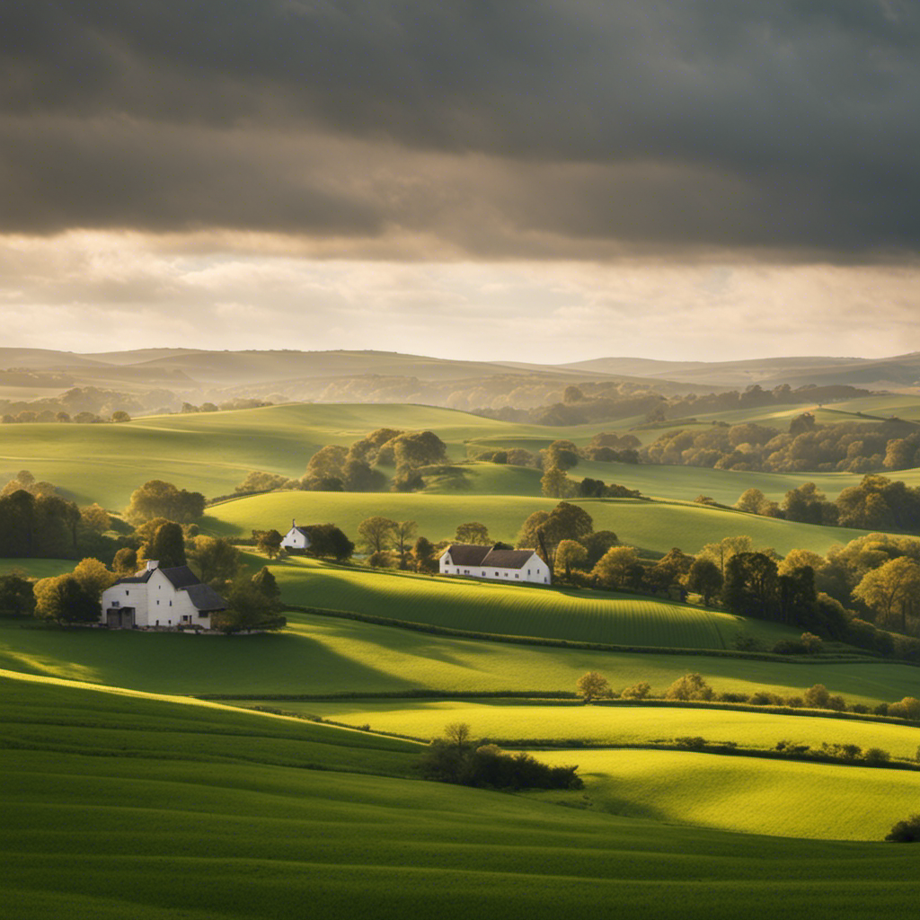 An image showcasing the serene countryside landscape, with rolling green hills stretching as far as the eye can see, dotted with charming farmhouses, grazing livestock, and a peaceful river meandering through the picturesque scenery