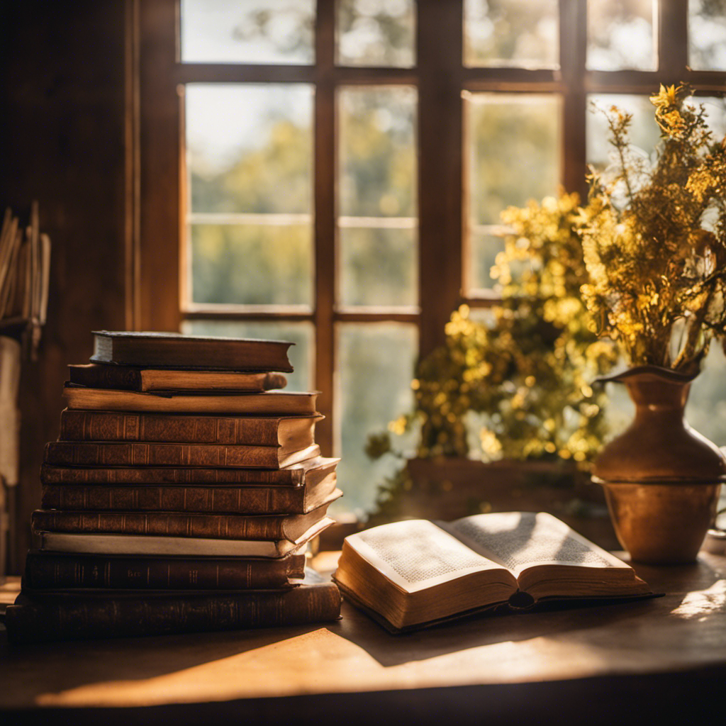 An image featuring a rustic wooden table adorned with a stack of ten well-worn, dog-eared books on homesteading