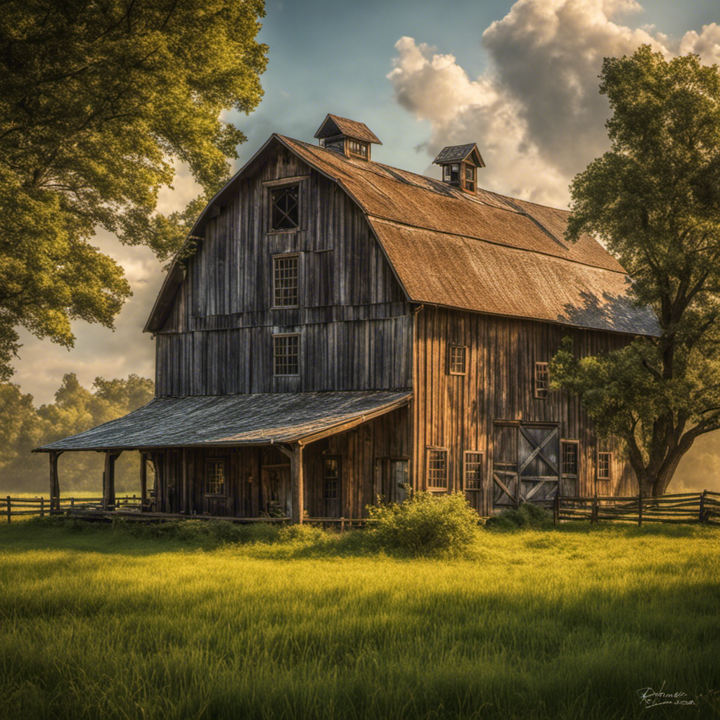 an enchanting image of a vintage farmhouse nestled amidst sprawling green fields, its weathered wooden exterior standing as a testament to time