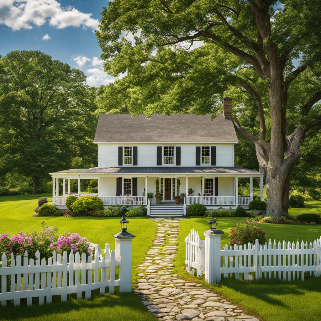 An image showcasing a picturesque mid-Atlantic farmhouse, surrounded by rolling green fields, a white picket fence, and a charming stone pathway leading to the front porch