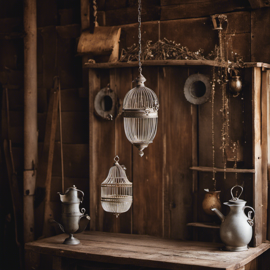 a rustic farmhouse interior adorned with charming antique elements: a weathered barn door, an ornate chandelier dripping with crystals, vintage milk jugs arranged on a worn wooden shelf, and a time-worn, decorative birdcage hanging from the ceiling