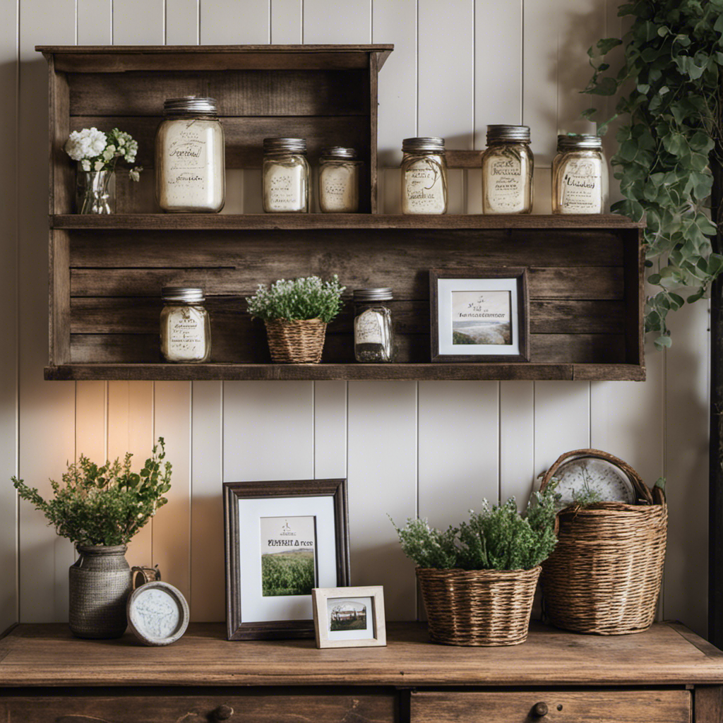 An image showcasing a living room adorned with a charming farmhouse wall decor, featuring rustic wooden shelves displaying vintage mason jars, weathered metal signs, woven baskets, framed botanical prints, and a distressed white shiplap accent wall