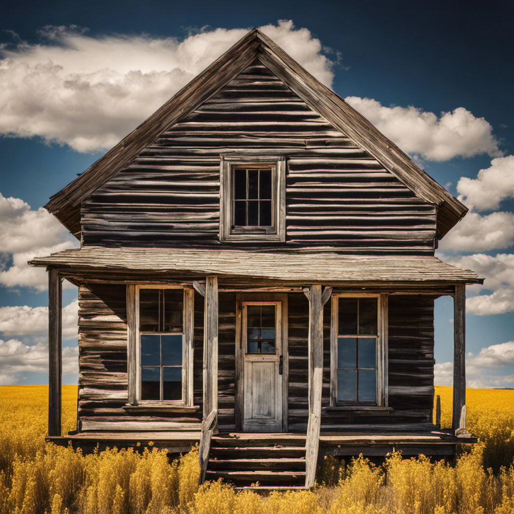 An image capturing the rustic charm of the Top 10 Great Plains' historical farmhouses: weathered wooden exteriors adorned with white window frames, surrounded by vast golden fields under a vast blue sky