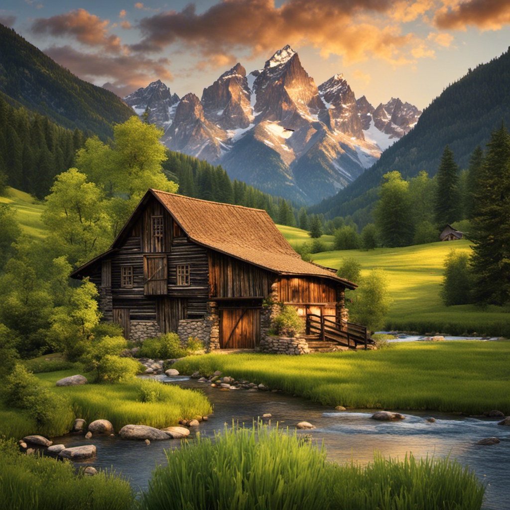 An image showcasing a picturesque, rustic farmhouse nestled amidst towering mountain peaks