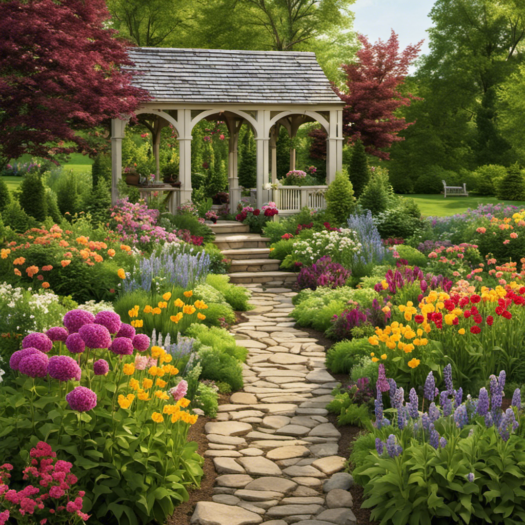 An image showcasing a vibrant Midwest farmhouse garden, bursting with colorful blooms