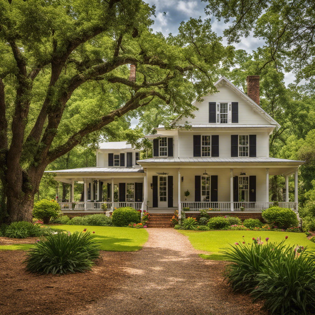 An image showcasing Alabama's hidden gems - a cobblestone farmhouse with a wraparound porch, surrounded by vibrant wildflowers, nestled amidst rolling green hills and towering oak trees
