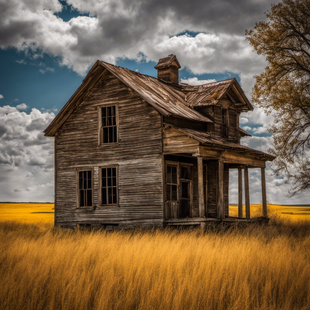 the essence of discovery and nostalgia in a single frame: An abandoned, weathered farmhouse, embraced by golden prairies, stands silently, its windows whispering the untold stories of the Great Plains