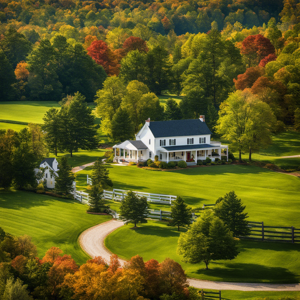 An image showcasing a picturesque Virginia landscape, with ten charming farmhouses scattered throughout