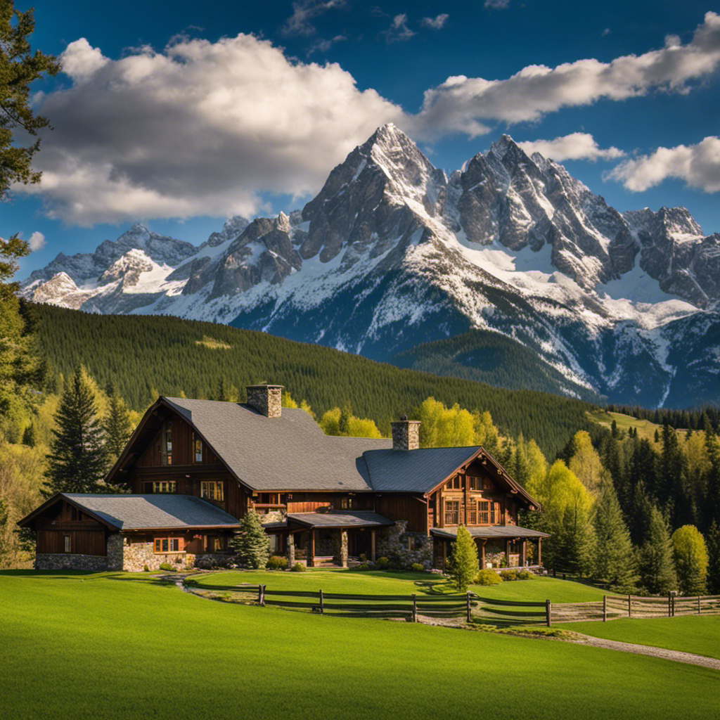 the essence of history at its finest: an image of a majestic Rocky Mountain farmhouse, nestled amidst lush green fields and framed by snow-capped peaks, beckoning visitors to step into the past