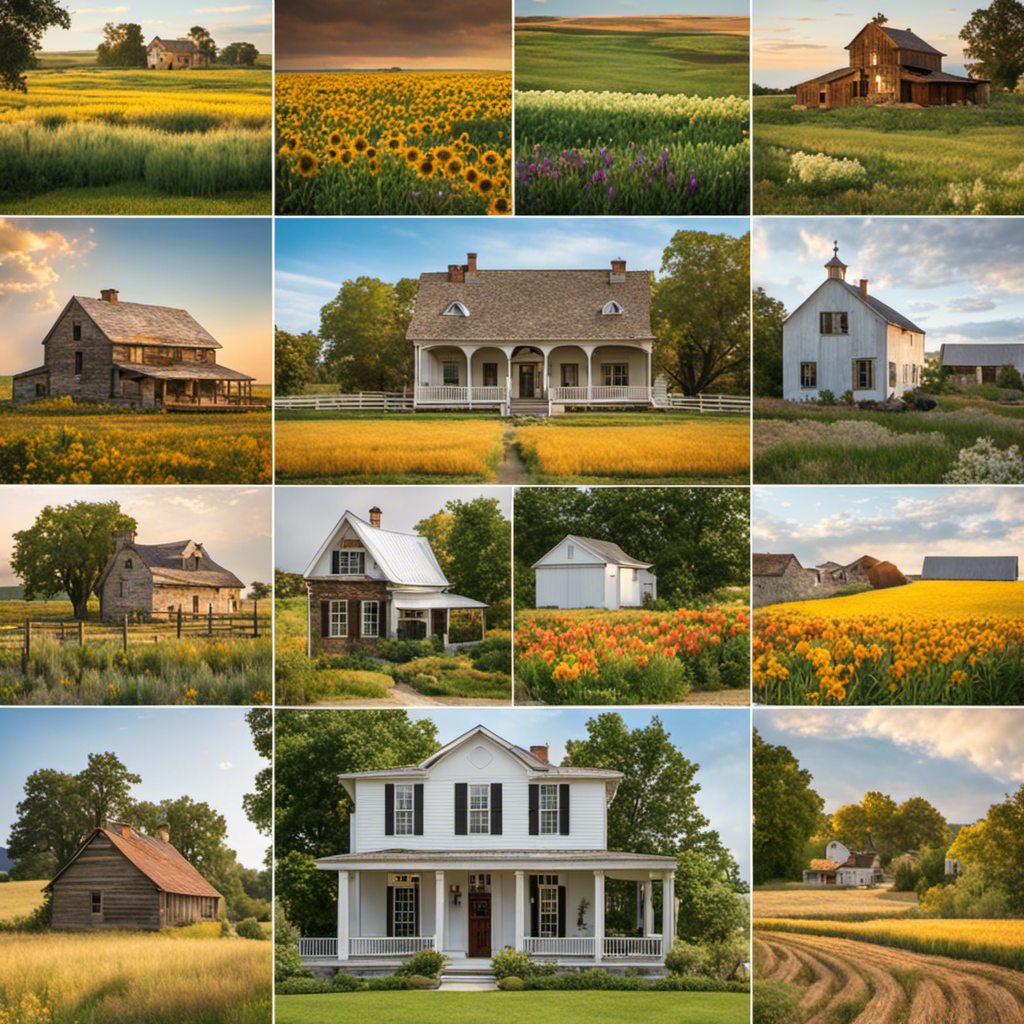 An image capturing the serene charm of 10 historical farmhouses nestled amidst the vast and golden Great Plains