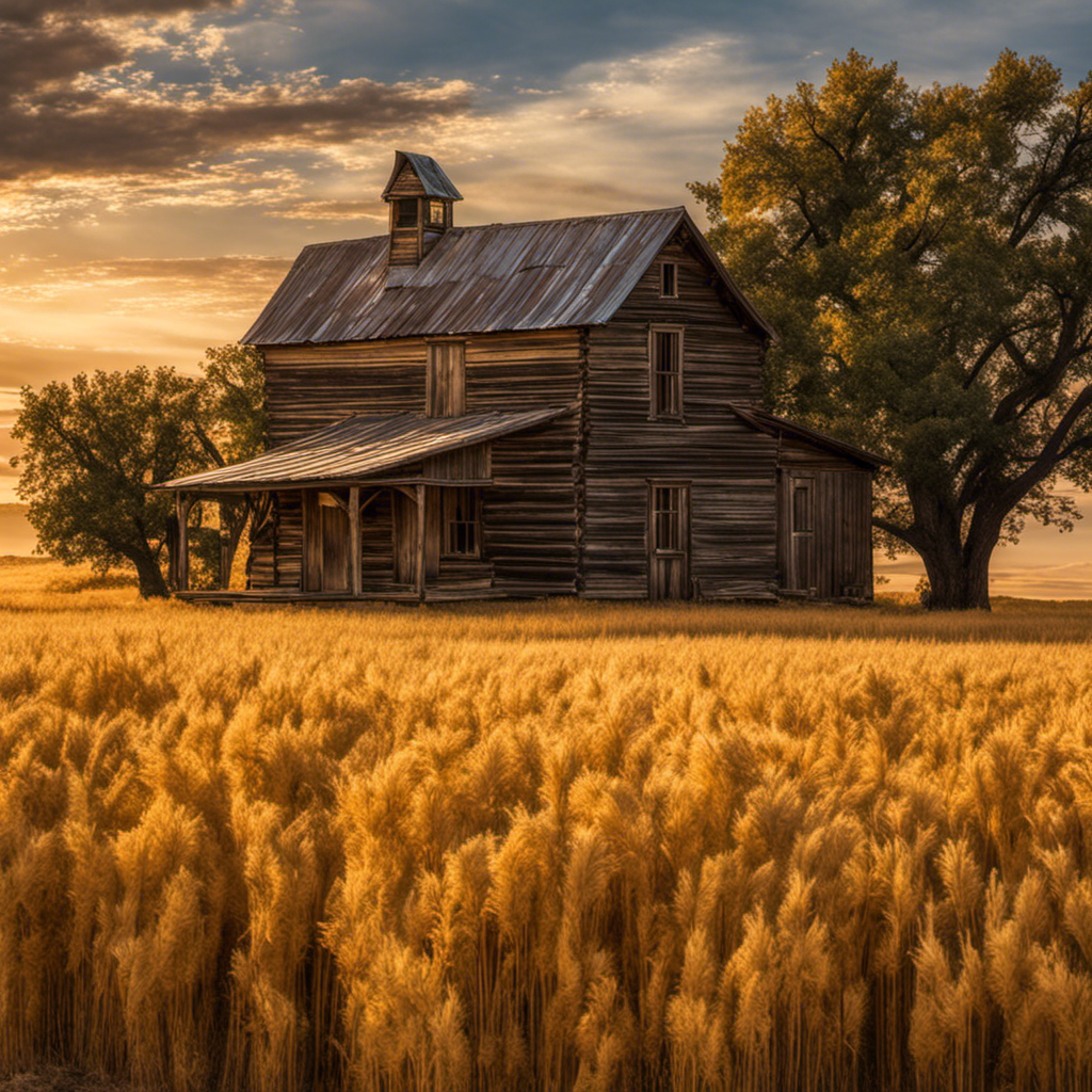 the essence of the Great Plains' rich history with an image showcasing a beautifully preserved farmhouse nestled amidst endless golden fields, its weathered facade reflecting the resilience of the pioneers who once called these lands home