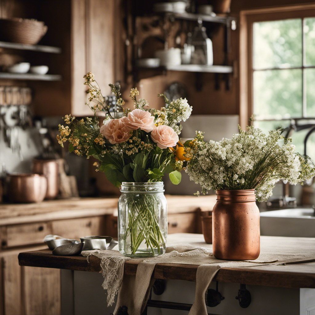 An image featuring a serene farmhouse kitchen adorned with rustic elements: a distressed wooden table with a centerpiece of fresh flowers, vintage mason jars filled with utensils, a hanging pot rack, and a farmhouse sink with copper fixtures