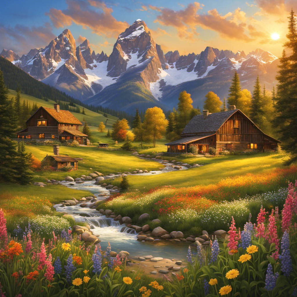 An image showcasing a breathtaking view of rustic Rocky Mountain farmhouses tucked amidst vibrant wildflower meadows, surrounded by majestic snow-capped peaks