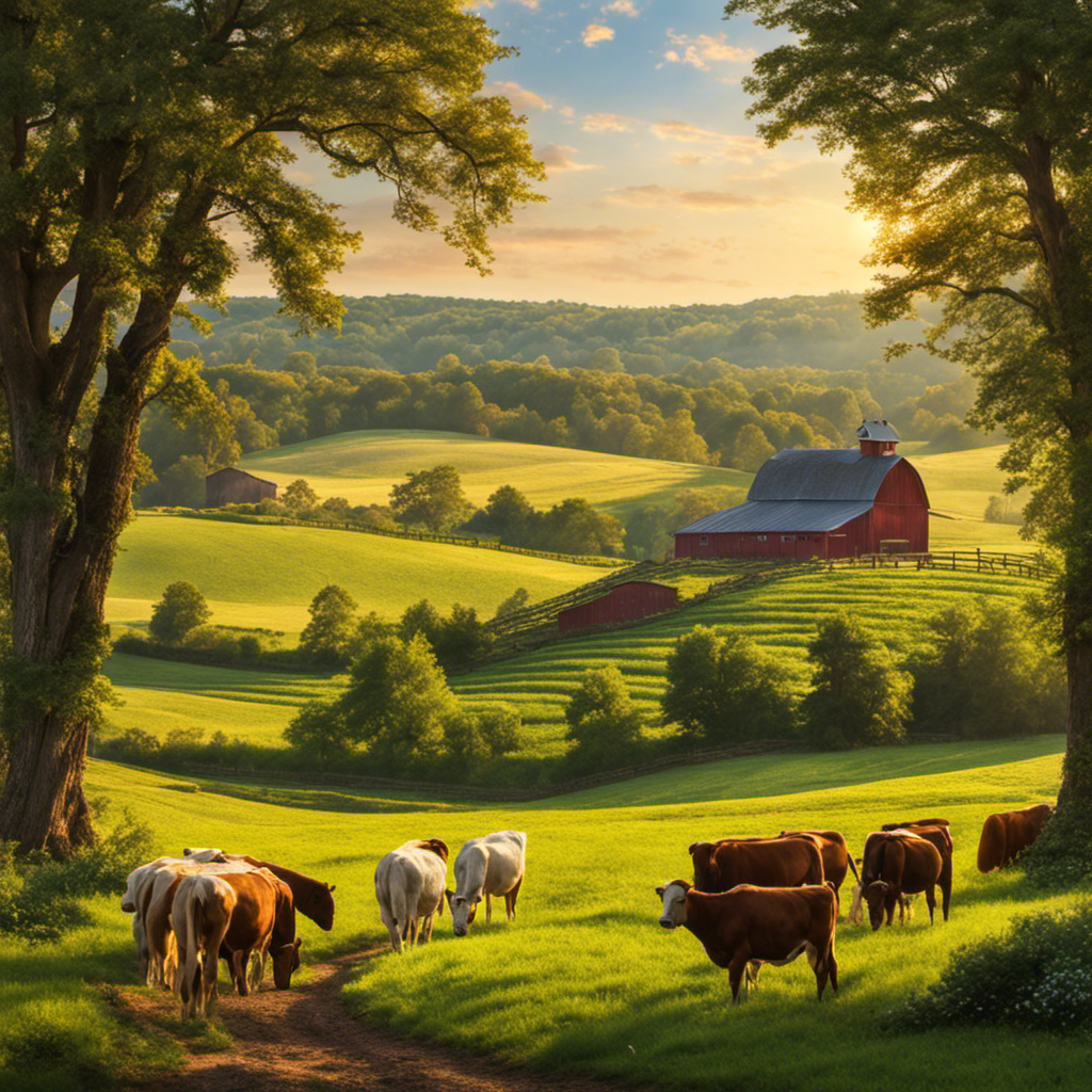 the essence of Georgia's rich agricultural heritage with a captivating image showcasing a picturesque, sun-drenched farm nestled amidst rolling green hills, adorned with charming 18th-century barns, vibrant fields, and grazing livestock