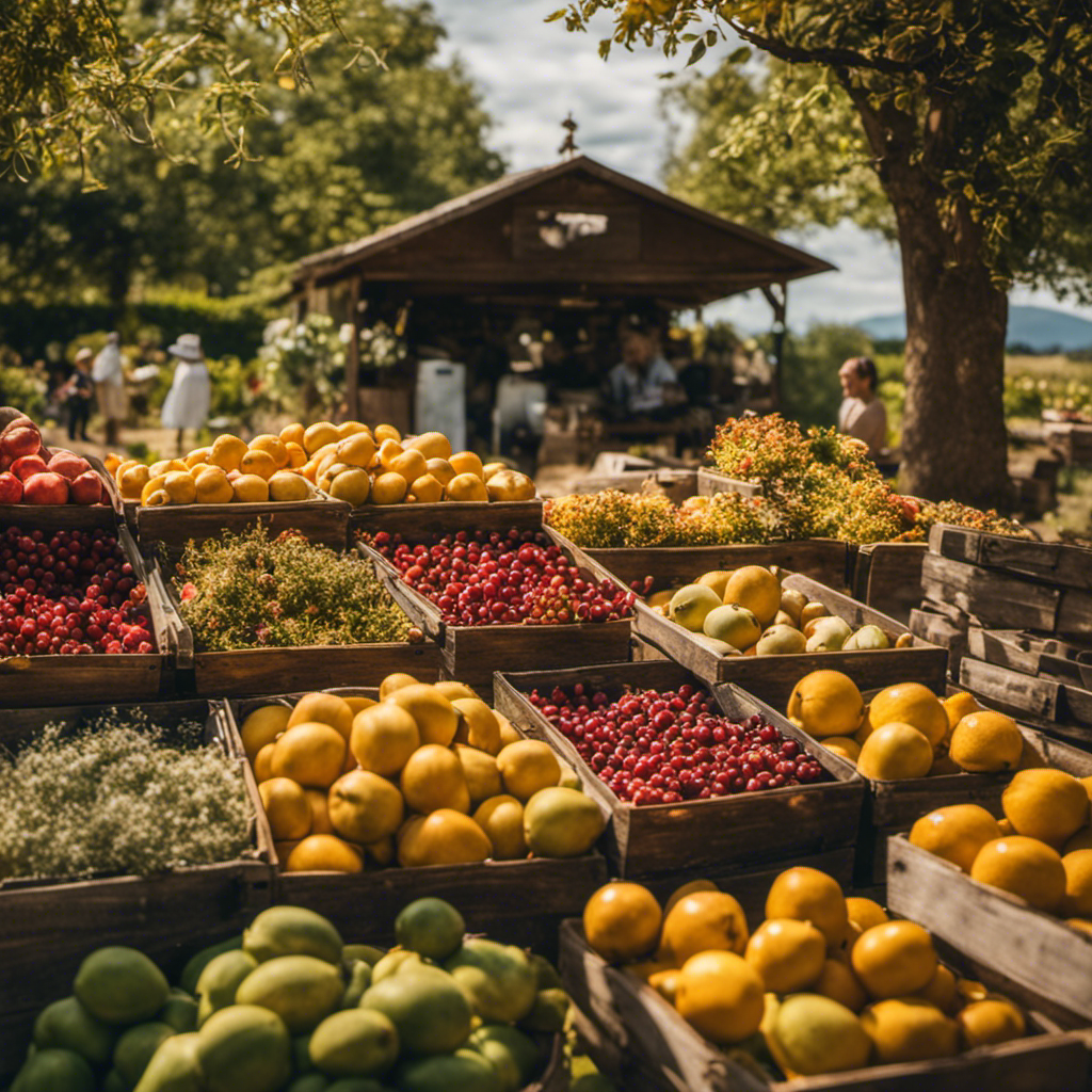 An image showcasing a diverse homestead: a flourishing orchard with fruit-bearing trees, a bustling market stall overflowing with fresh produce, a quaint apiary buzzing with bees, and a colorful flower garden attracting customers eager to support local sustainable ventures