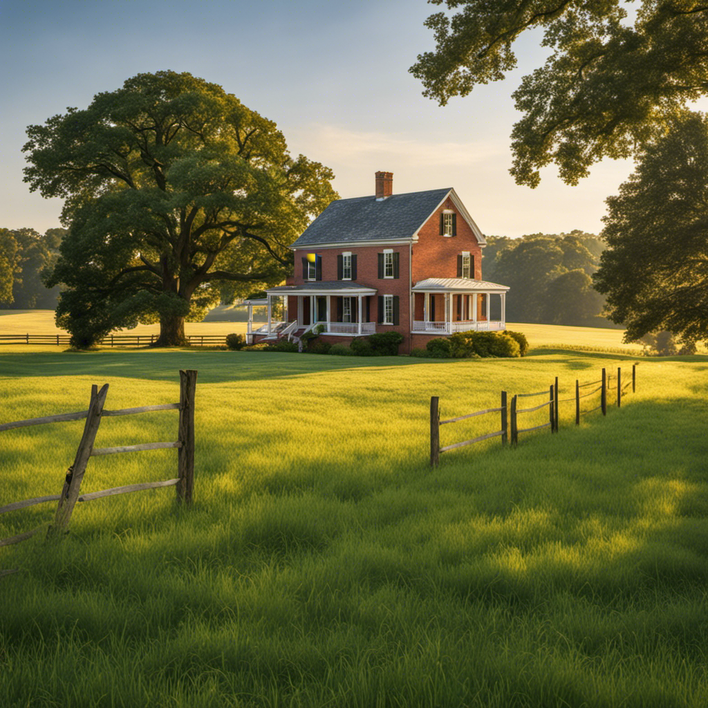 an image of a weathered, red-brick farmhouse nestled amidst rolling green fields