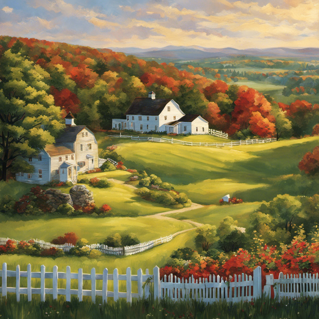 the essence of New England's rich history with an image of a sun-kissed, weathered farmhouse nestled amidst rolling green hills