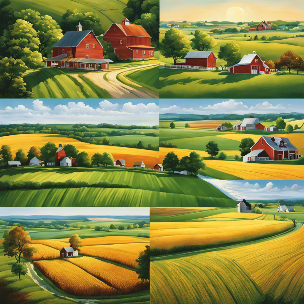 An image showcasing a scenic rural landscape of the Midwest, with rolling green fields stretching towards the horizon, dotted with charming historical farmhouses from different eras, each exuding its unique architectural style and character