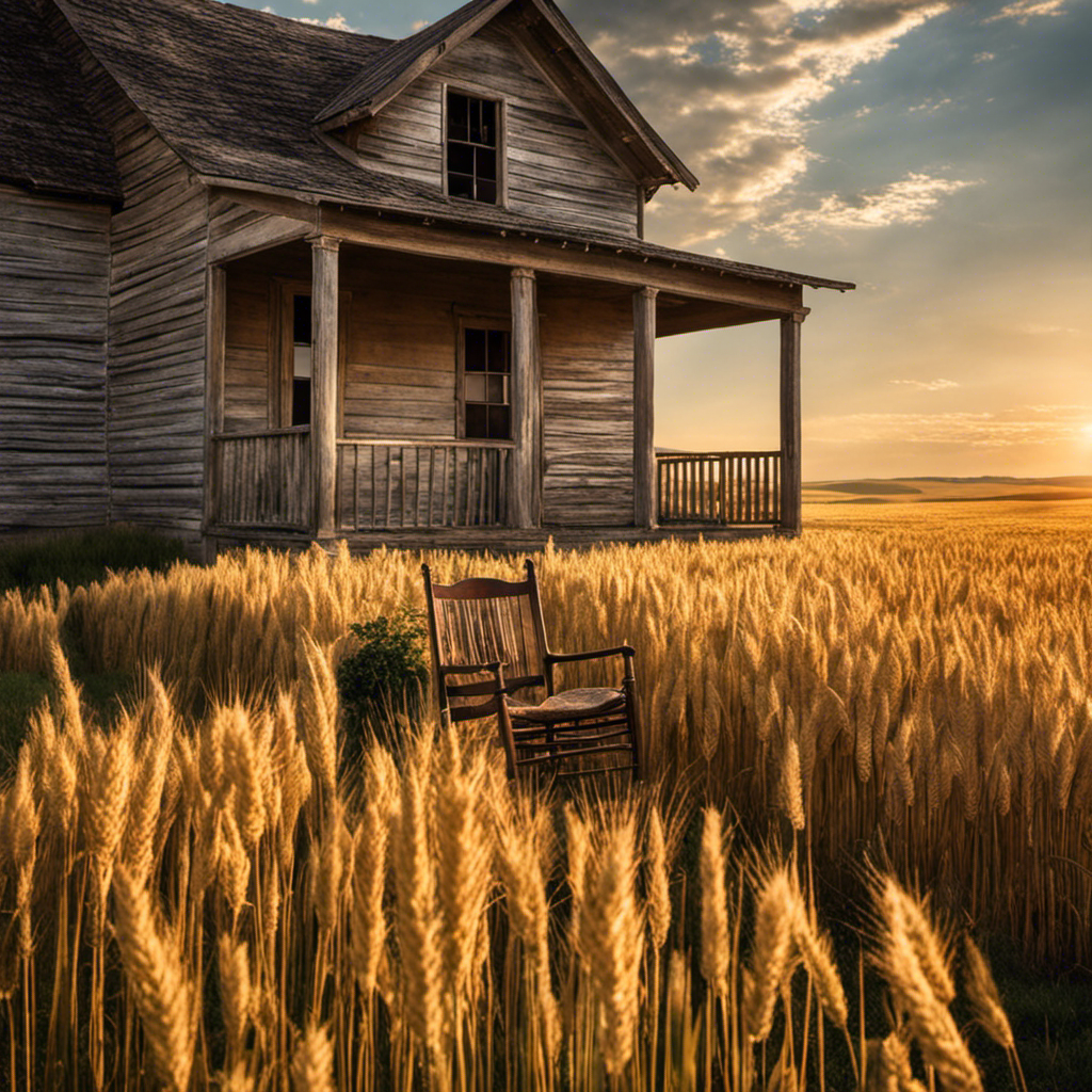 the essence of the Great Plains' historical farmhouses in a single image: A sun-drenched porch with a weathered rocking chair, surrounded by sprawling golden wheat fields, evoking nostalgia and a sense of timeless tranquility