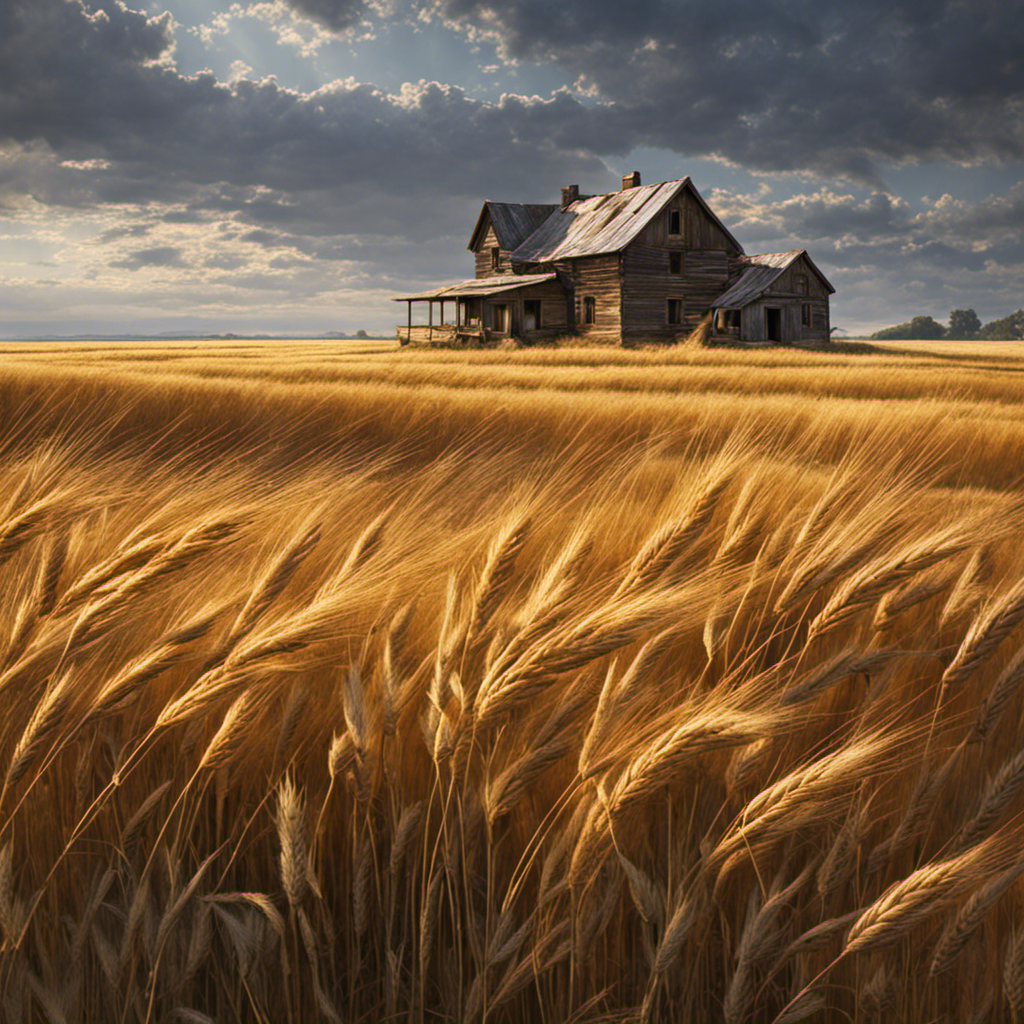 An image showcasing a dilapidated, weathered farmhouse nestled amidst golden fields of wheat, its rustic charm contrasting with the vastness of the Great Plains