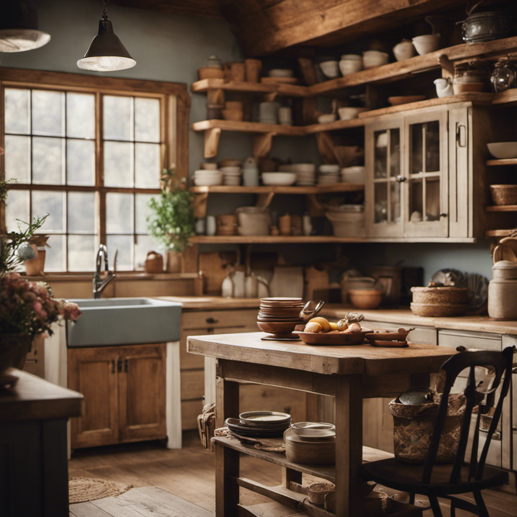 An image showcasing a cozy, rustic farmhouse kitchen with a mix of warm earth tones and muted pastels