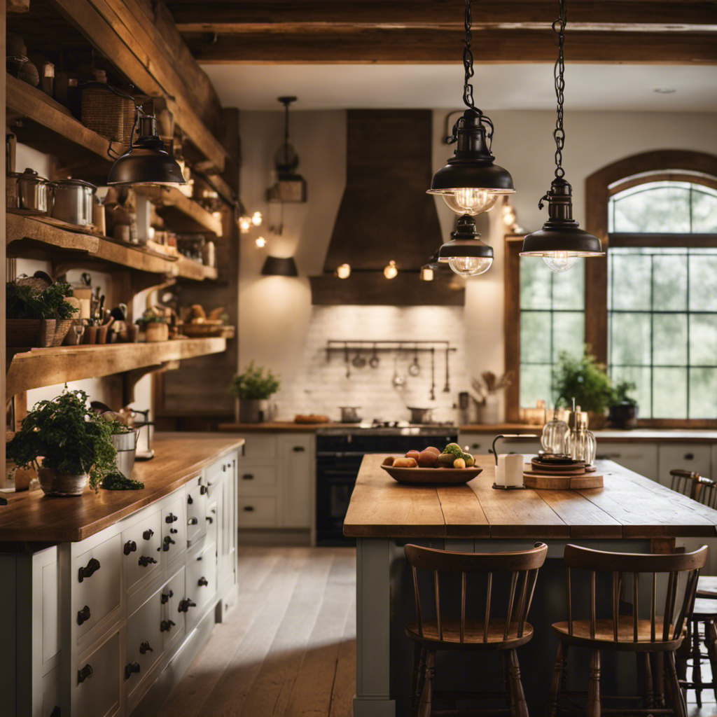 An image showcasing an inviting farmhouse kitchen with an array of eye-catching lighting fixtures, including rustic pendant lights over a wooden island, a vintage chandelier above a farmhouse dining table, and charming wall sconces illuminating a cozy reading nook