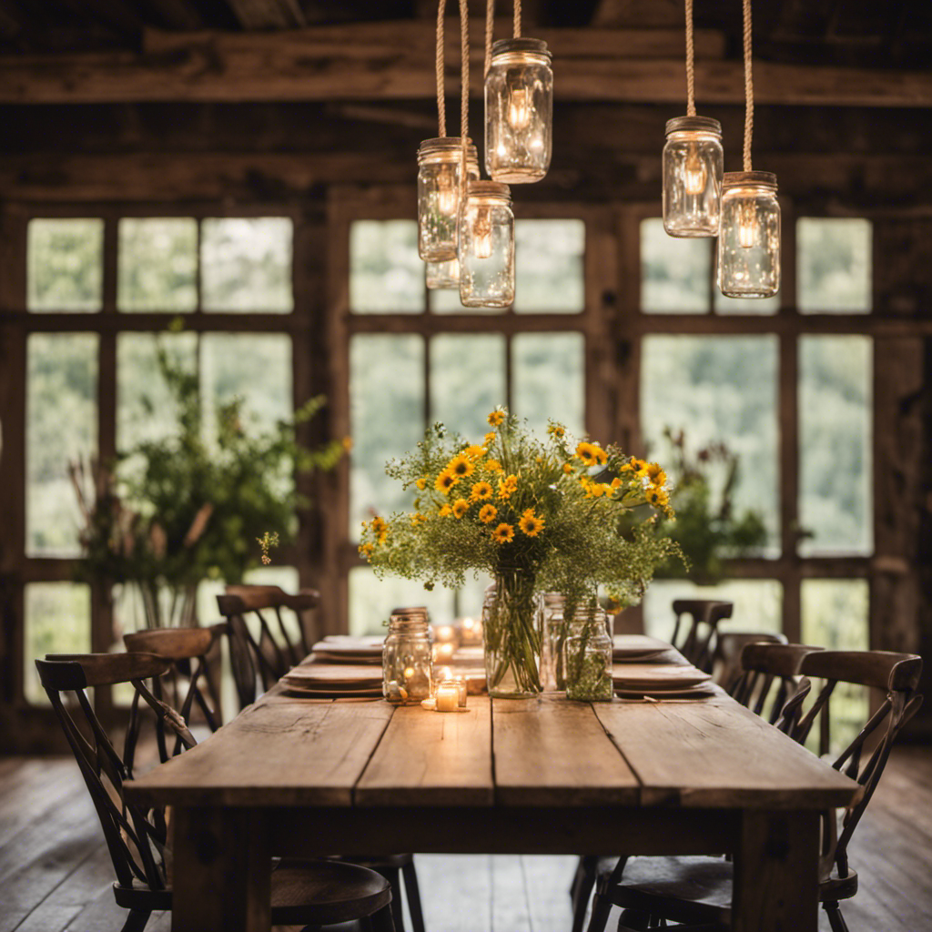An image that showcases a rustic farmhouse dining table made from repurposed wooden planks, adorned with vintage mason jar chandeliers suspended above