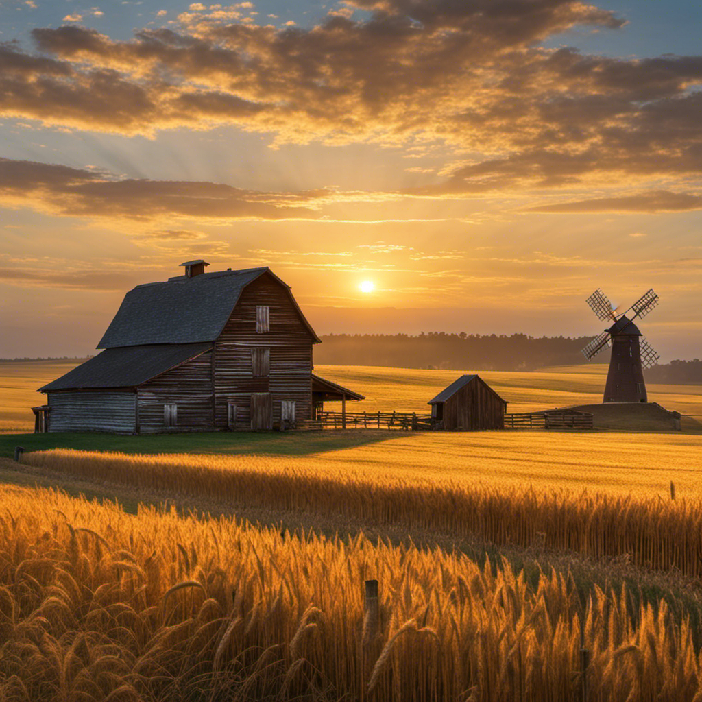 an enchanting image of a sunlit 19th-century farmhouse nestled amidst sprawling fields of golden wheat, with a rustic barn in the backdrop