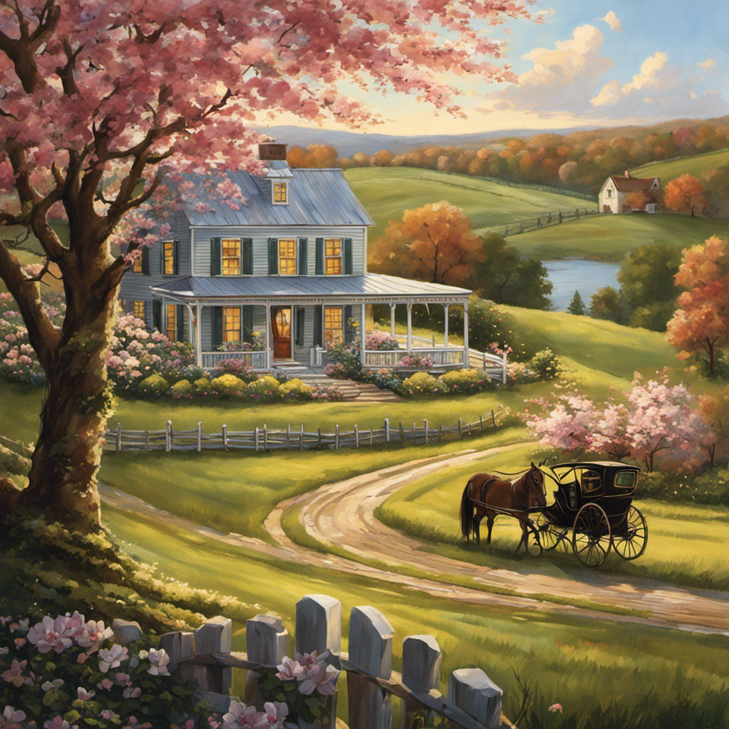 An image of a picturesque Mid-Atlantic farmhouse, surrounded by rolling hills and a quaint stone fence