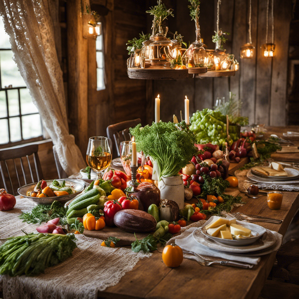 An image showcasing a rustic farmhouse table adorned with vibrant, freshly-picked vegetables, locally-sourced meats, and artisanal cheeses