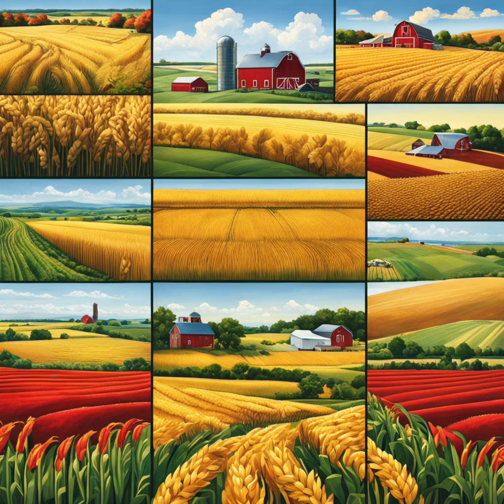An image showcasing the Midwest's rich agricultural heritage: a vibrant patchwork of golden wheat fields stretching to the horizon, dotted with red barns, grazing cattle, and farmers tending to their crops