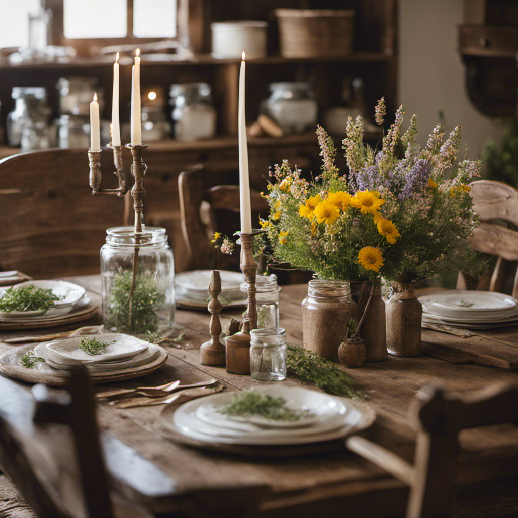 An image showcasing a rustic farmhouse dining room adorned with a weathered oak table, intricately carved wooden chairs, a distressed sideboard, and vintage mason jars filled with wildflowers