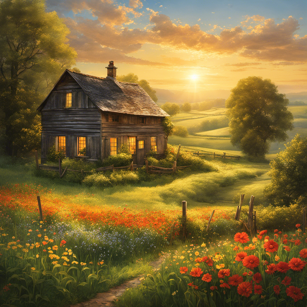 An image showcasing a peaceful countryside landscape with a weathered wooden farmhouse, surrounded by lush green fields and vibrant wildflowers