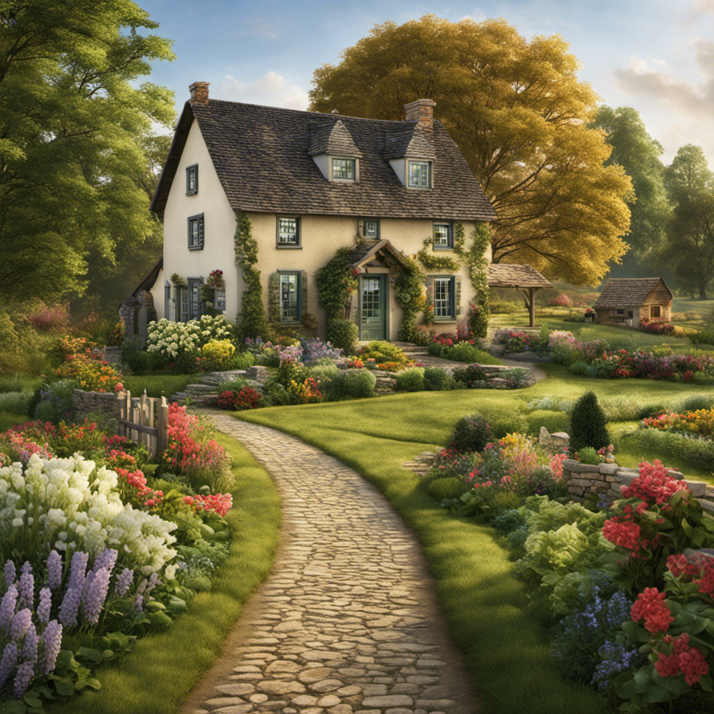 An image showcasing a picturesque countryside landscape with a cobblestone path winding towards a row of beautifully preserved historic farmhouses