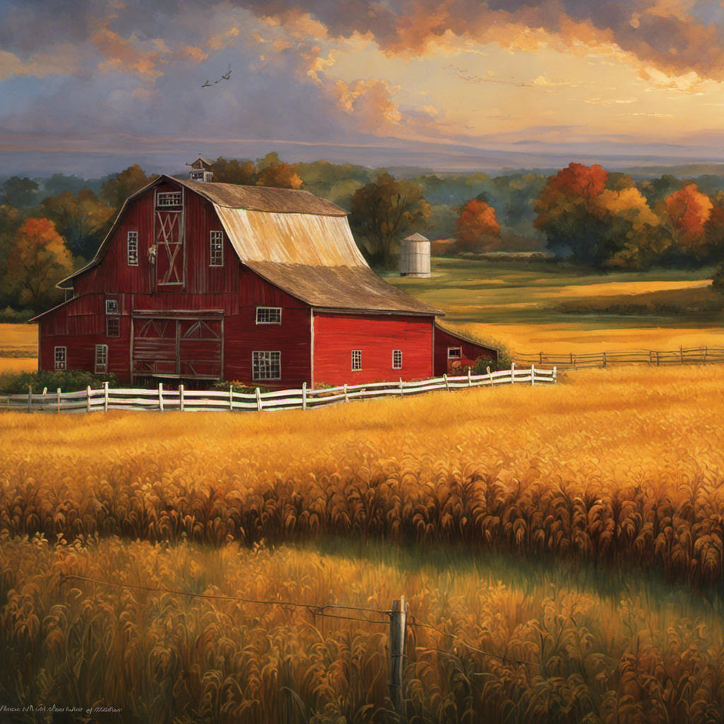 E the essence of Midwest charm with an image showcasing the rustic grandeur of a sprawling red barn enveloped by rolling golden fields, framed by a white picket fence and adorned with a weathered windmill