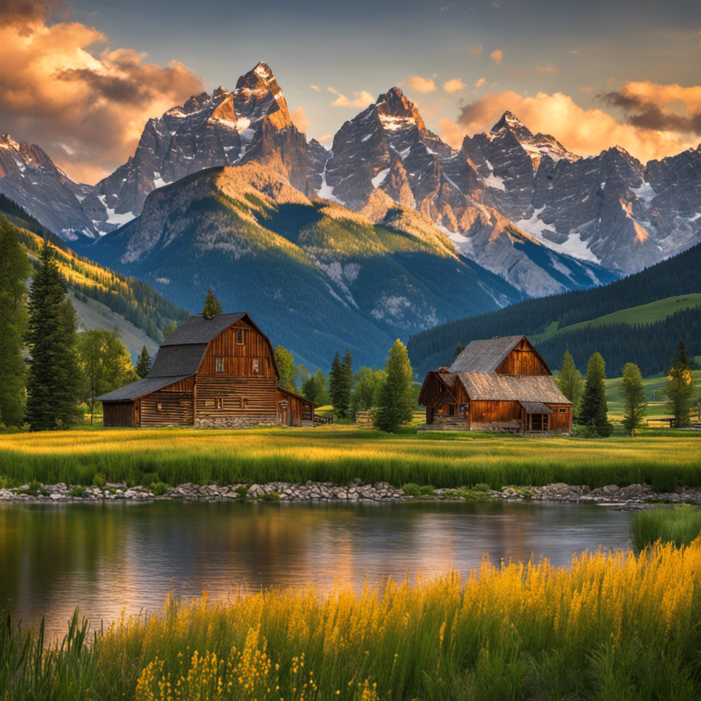 An image showcasing the rugged beauty of the Rocky Mountains with a backdrop of towering peaks and a cluster of charming historical farmhouses nestled amidst lush green fields, evoking the rich history of the region