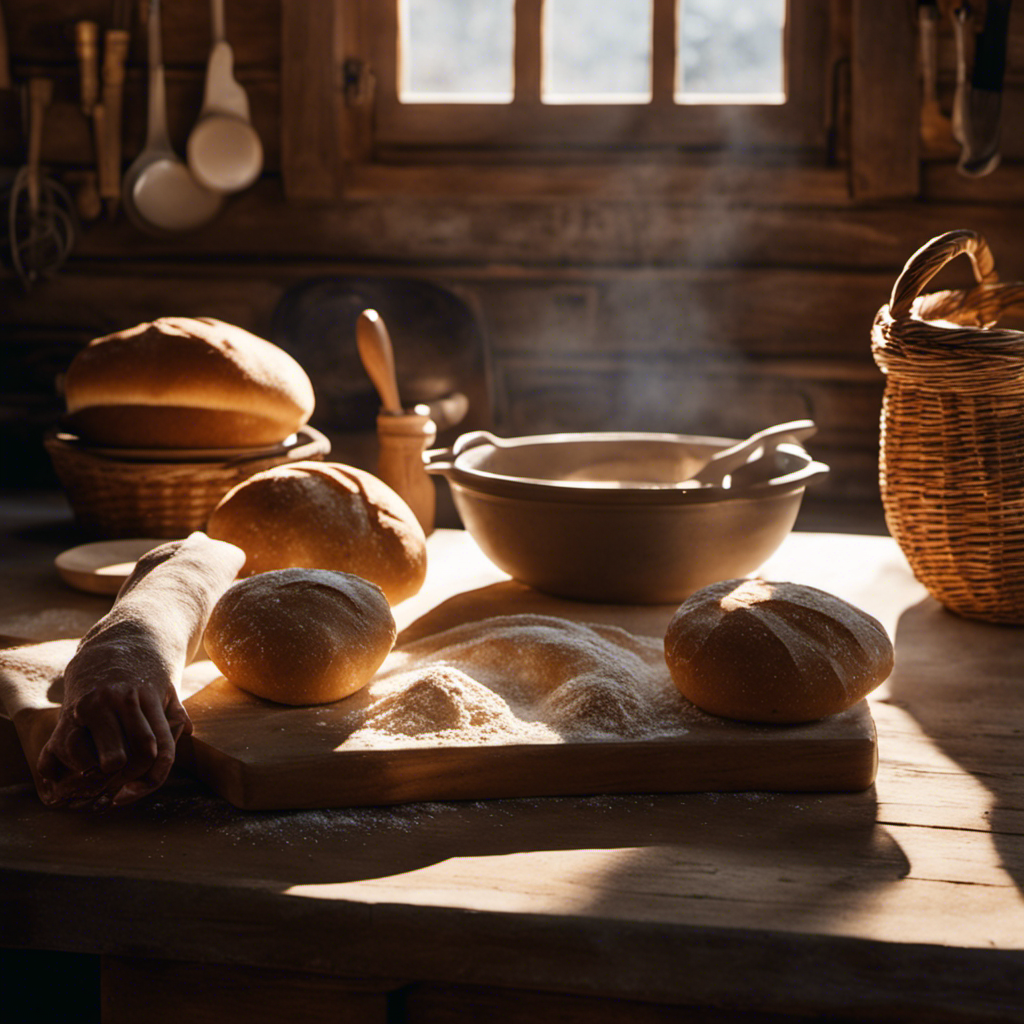 An image of a rustic wooden farmhouse kitchen with sunlight streaming through a window, illuminating a flour-dusted countertop