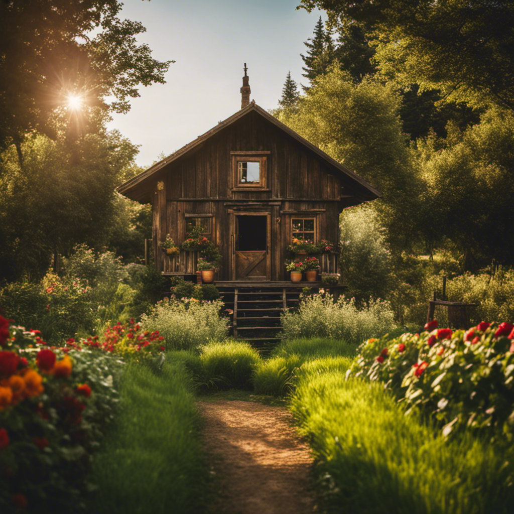 An image showcasing a rustic wooden cabin nestled in a lush, sprawling countryside