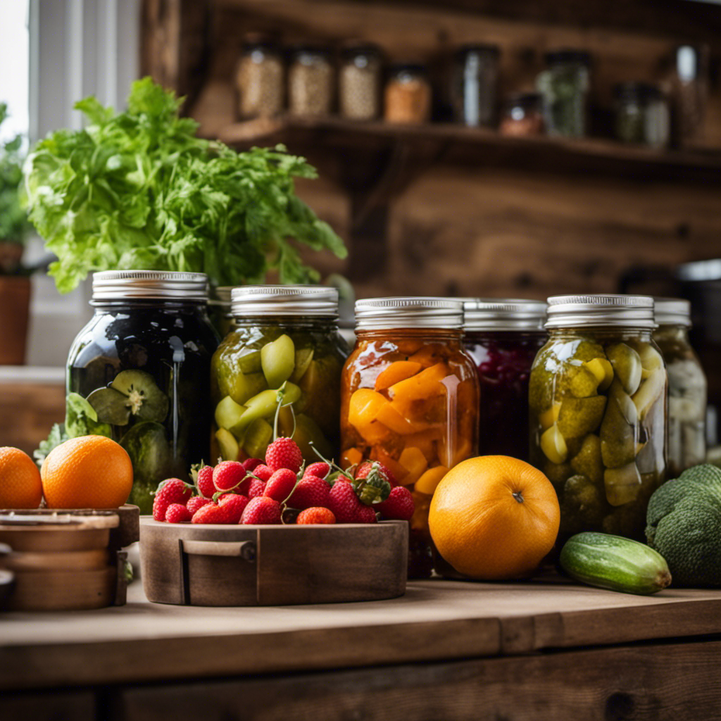 An image of a rustic kitchen countertop adorned with an array of vibrant fruits and vegetables, alongside mason jars filled with pickles, jams, and dried herbs, showcasing the art of food preservation