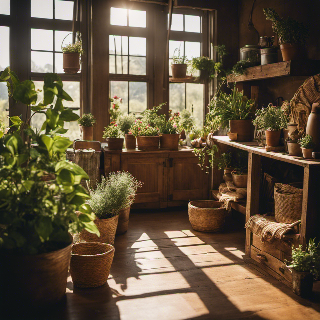 An image showcasing a rustic farmhouse interior adorned with upcycled wooden furniture, vibrant potted plants, eco-friendly textiles, and natural sunlight streaming through vintage windows, embodying the essence of sustainable farmhouse décor