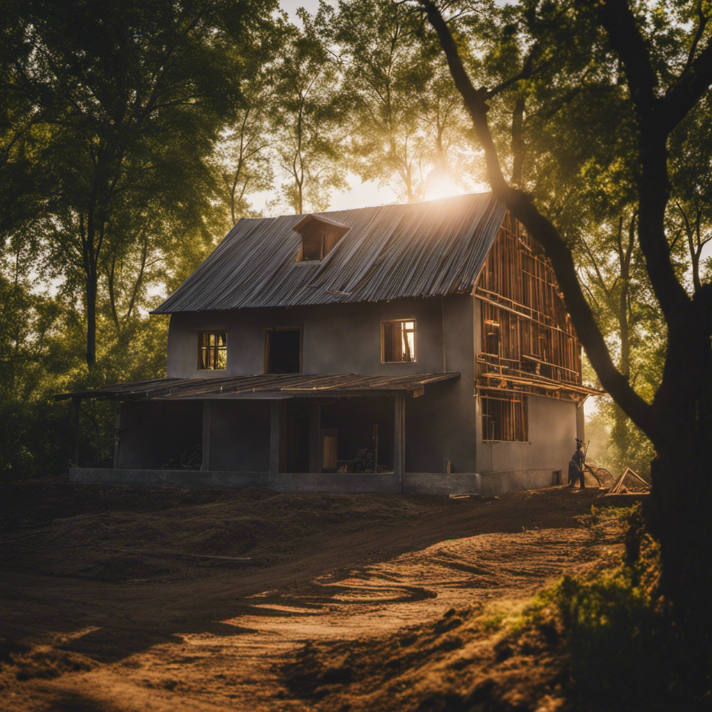 An image that showcases a serene countryside landscape with a picturesque farmhouse under construction; surrounded by lush greenery, the sunlight streaming through the trees illuminates the skilled workers and materials, capturing the essence of mastering rural home construction