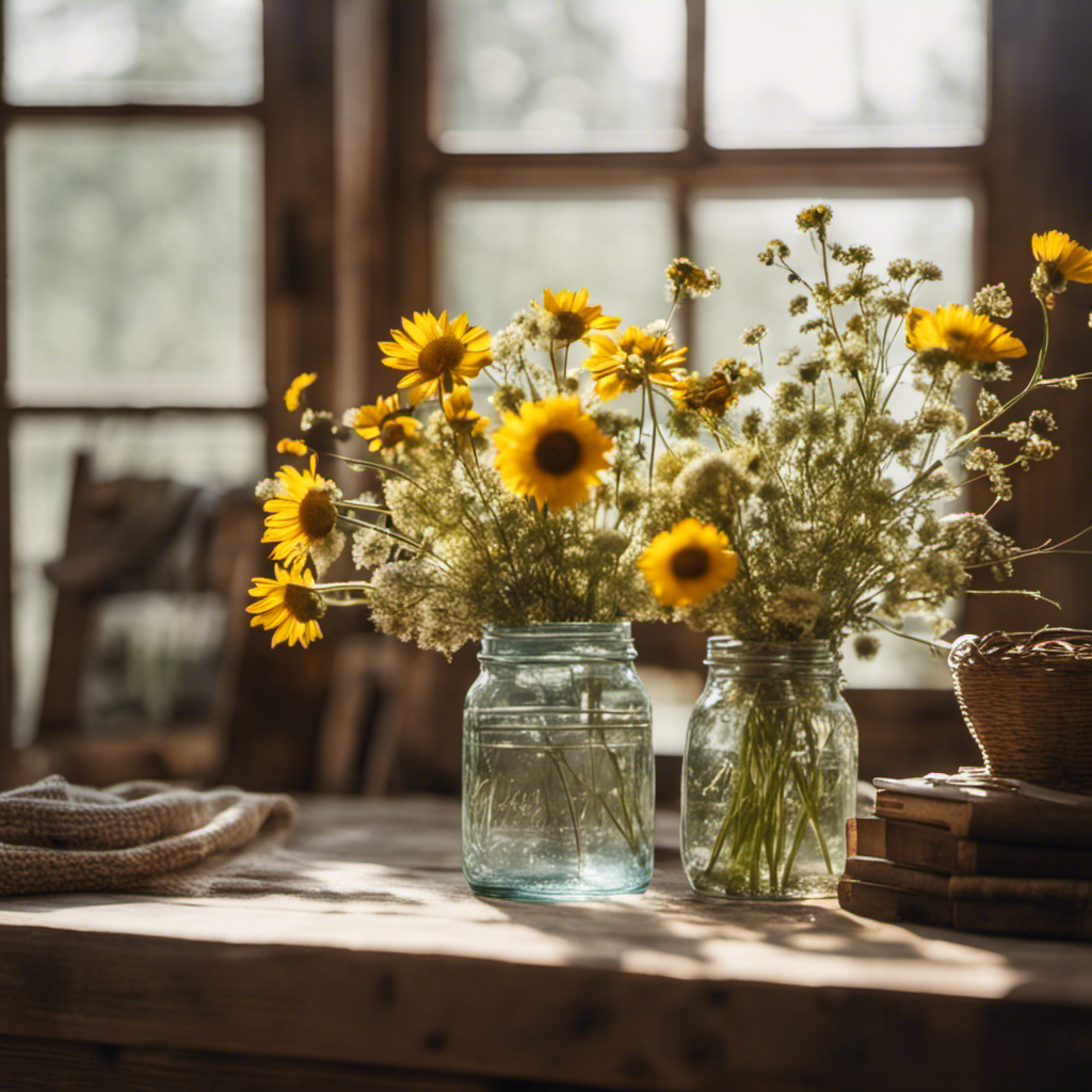 the essence of farmhouse charm in a visually stunning image: A sun-drenched room adorned with distressed wooden furniture, vintage mason jars filled with wildflowers, and cozy plaid throws draped over a rustic ladder