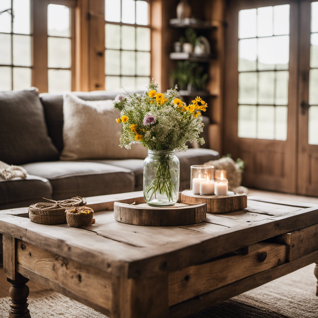 An image that showcases a cozy farmhouse living room, with a distressed wooden coffee table adorned with a vintage mason jar filled with wildflowers, surrounded by a plush linen sofa and a rustic barn door backdrop