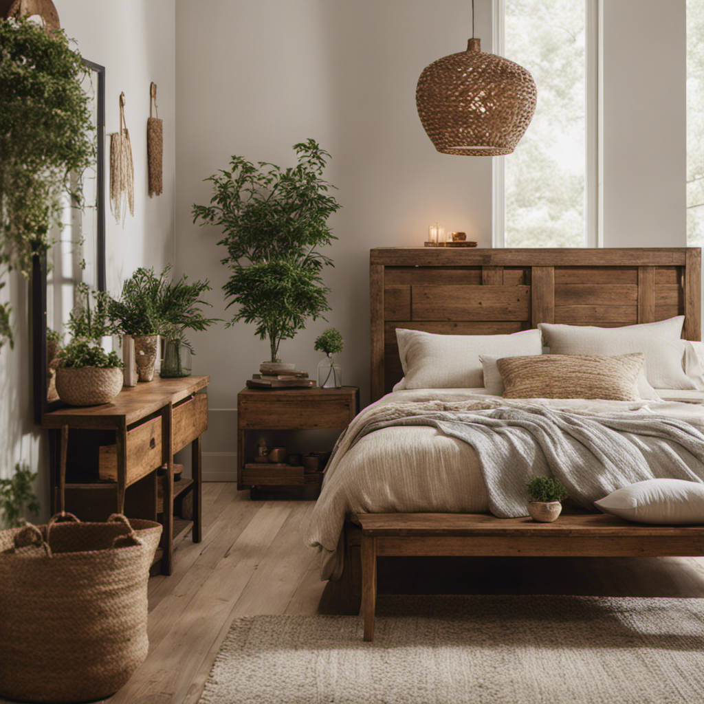 An image showcasing a modern farmhouse bedroom adorned with repurposed wooden furniture, organic linen bedding, hanging planters, and vintage wall art