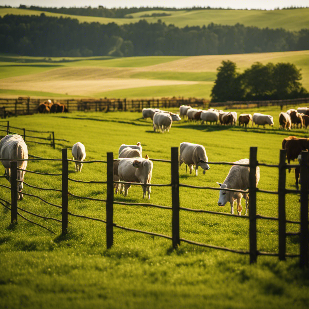 An image showcasing a vibrant, sunlit pasture with perfectly aligned rows of healthy, grazing livestock, surrounded by meticulously maintained fences and state-of-the-art infrastructure, exemplifying the essence of successful livestock farming