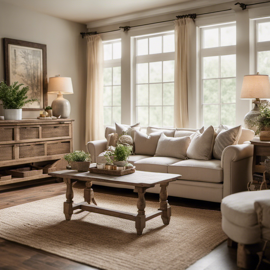An image showcasing a rustic farmhouse living room adorned with a soft palette of soothing hues