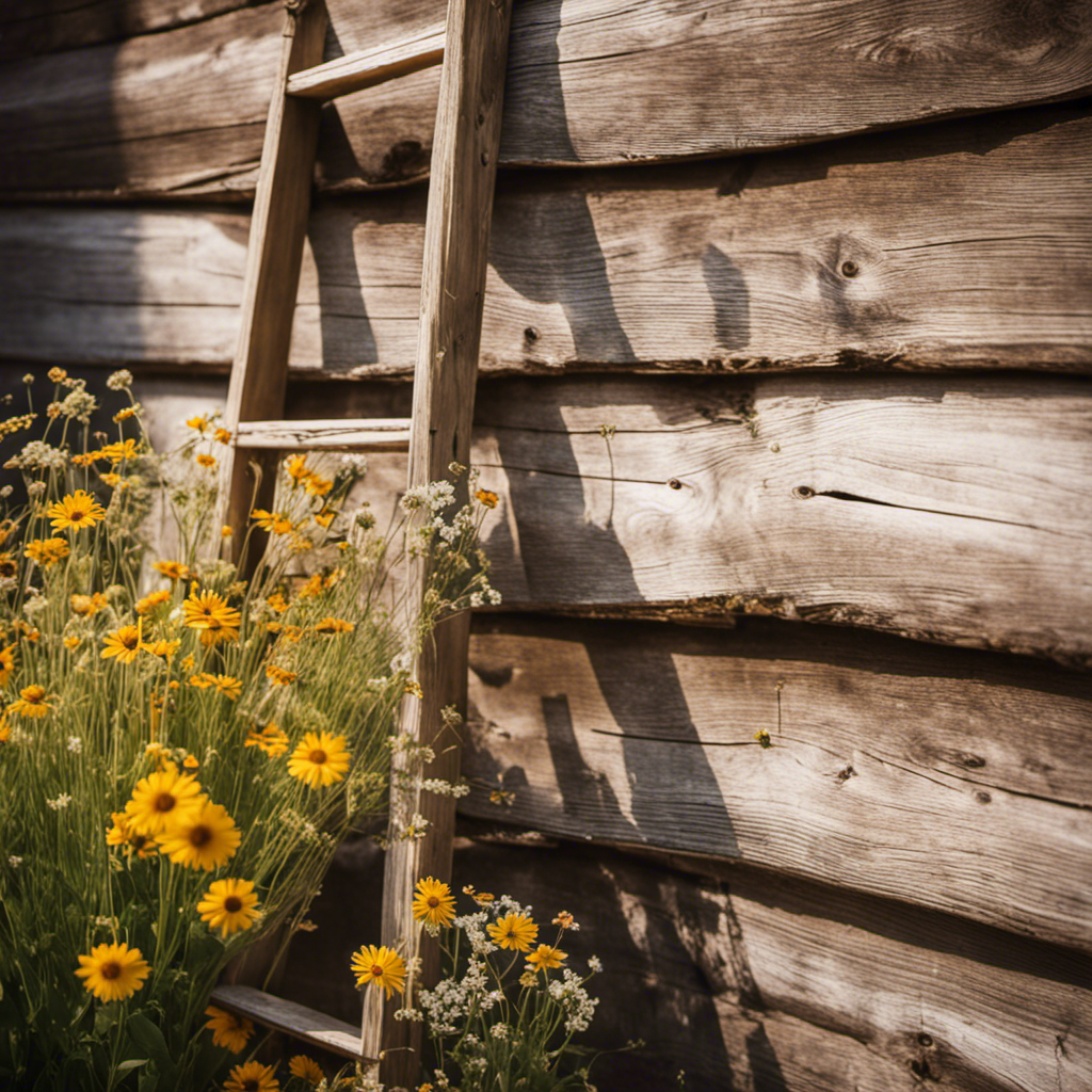 An image showcasing a vintage wooden ladder adorned with mason jars filled with wildflowers, hanging on a whitewashed barn wall