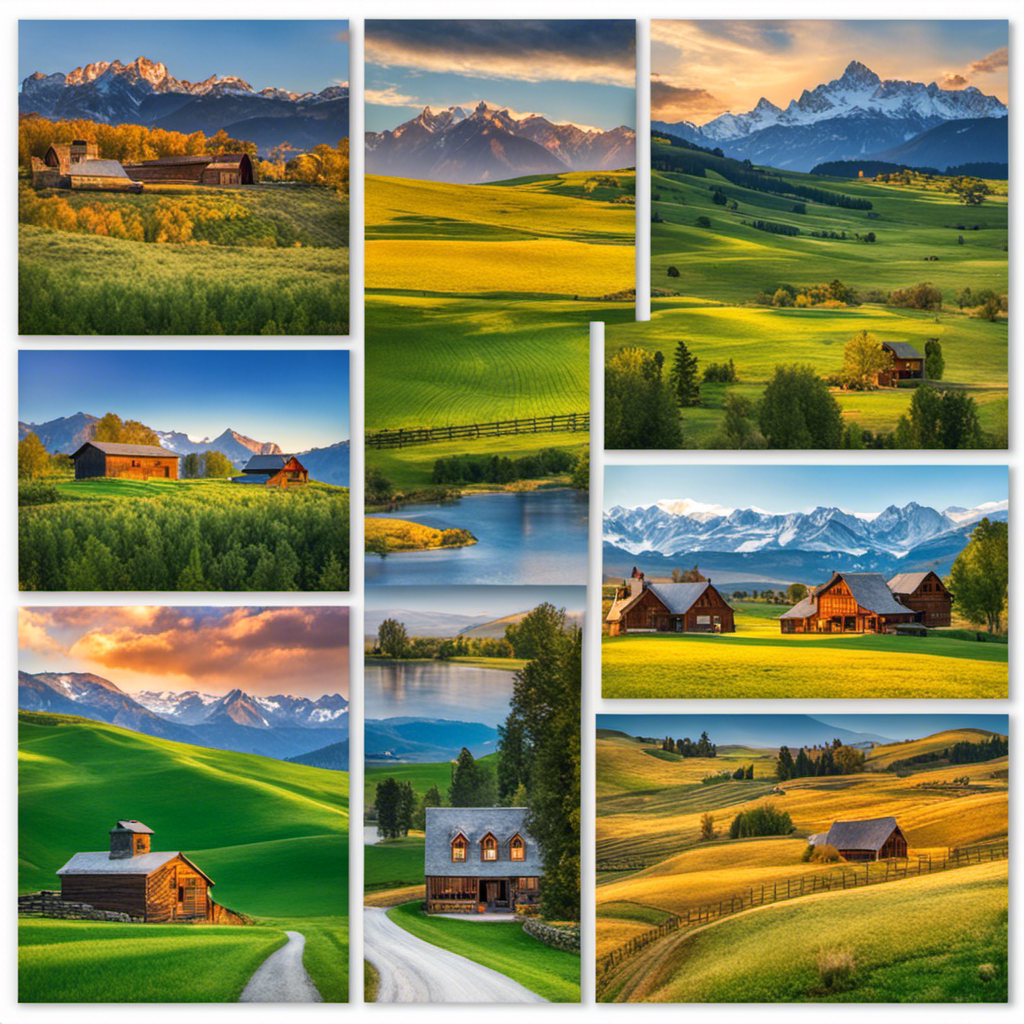An image showcasing a majestic, sun-drenched Western landscape, featuring ten charming historical farmhouses nestled amidst rolling green pastures, with snow-capped mountains serving as a breathtaking backdrop