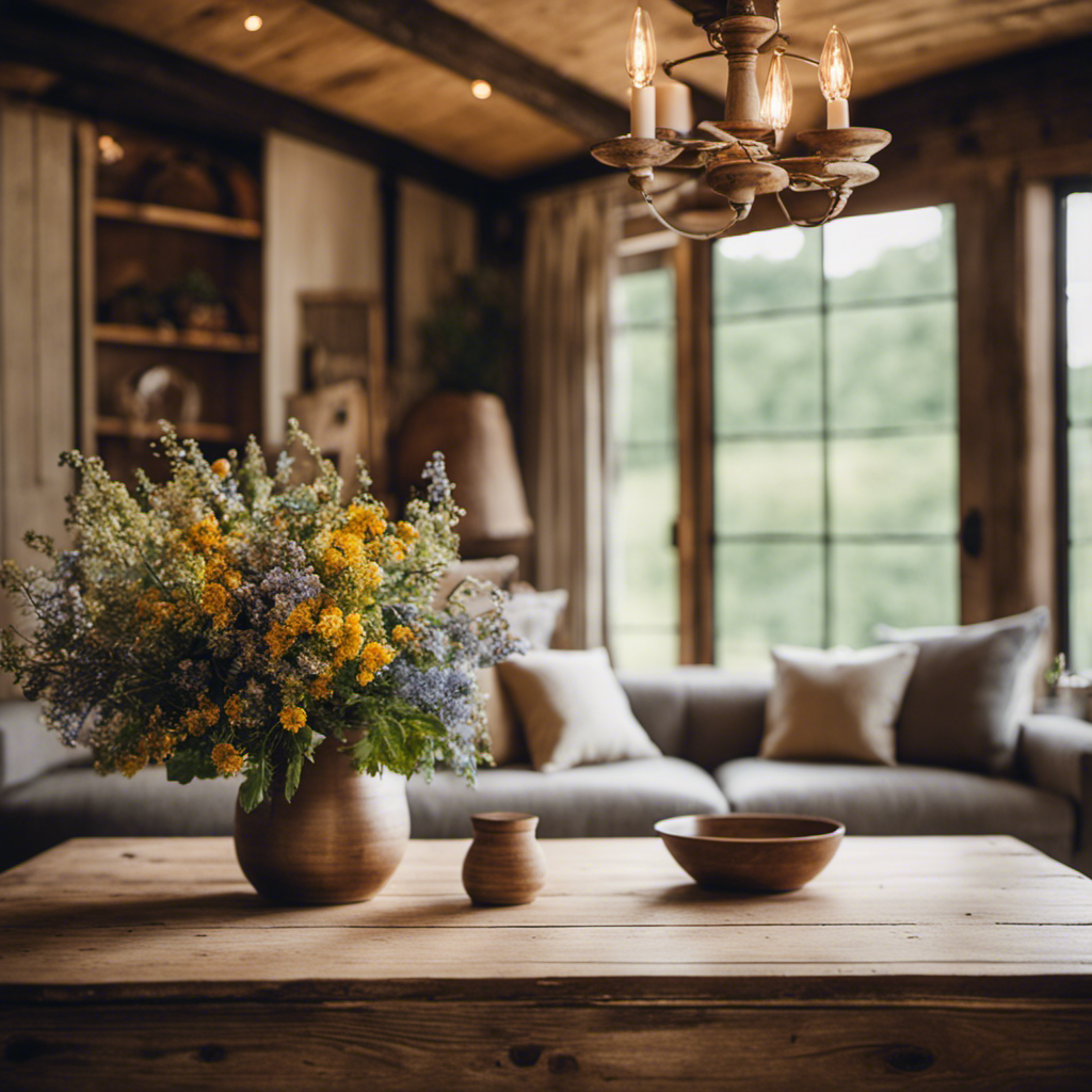 An image showcasing a cozy farmhouse living room: a distressed wooden coffee table adorned with a rustic vase of wildflowers, a plush neutral-colored sectional sofa, and a vintage-inspired chandelier hanging from a shiplap ceiling