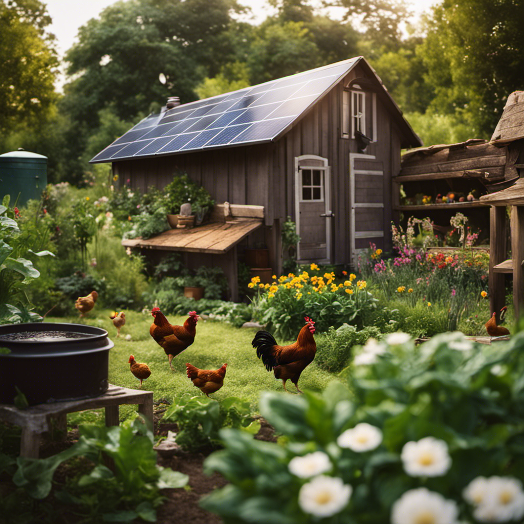 An image showcasing a lush homestead, with solar panels on the roof, rainwater barrels collecting water, a vibrant vegetable garden, composting bins, and a chicken coop with free-range chickens roaming around